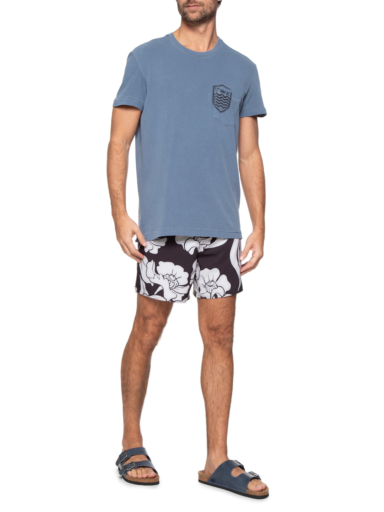 Camiseta Masculina Manga Curta Gola Careca Bolso Brasão Azul Osklen