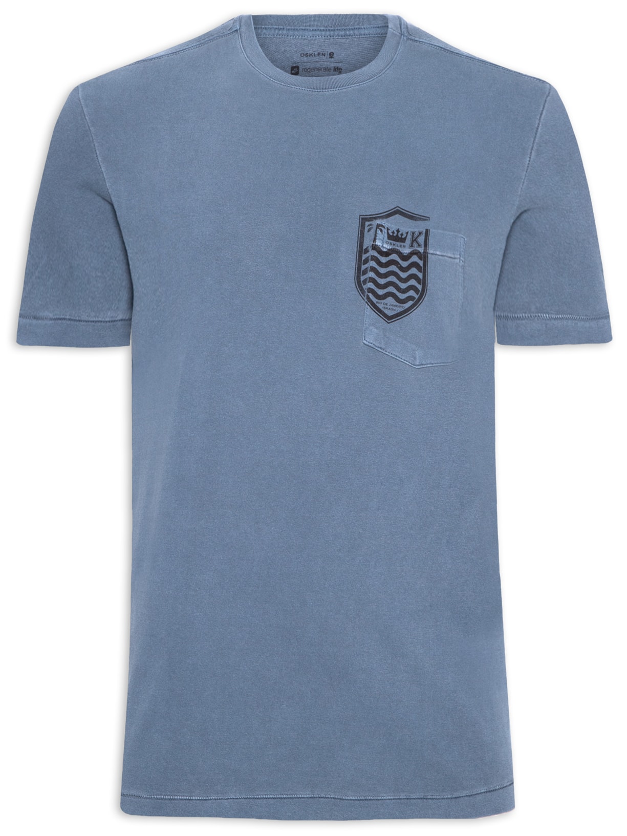 Camiseta Masculina Manga Curta Gola Careca Bolso Brasão Azul Osklen