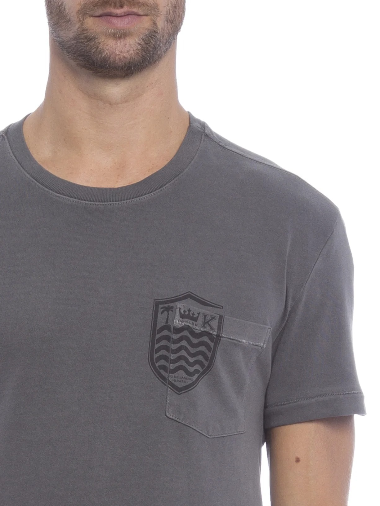 Camiseta Masculina Manga Curta Gola Careca Bolso Brasao Cinza Osklen