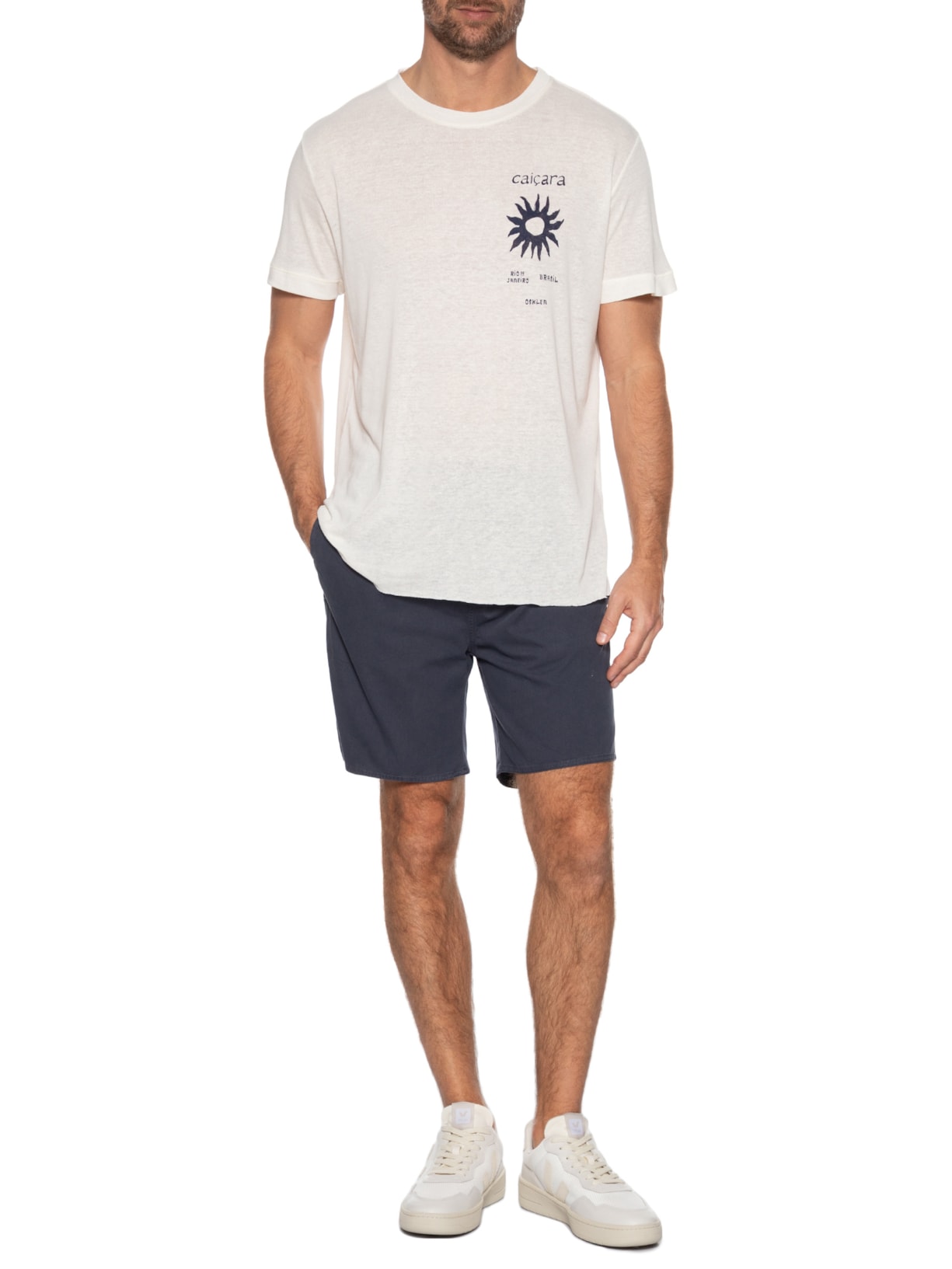 Camiseta Masculina Manga Curta Gola Careca Caiçara Sol   Branco Osklen