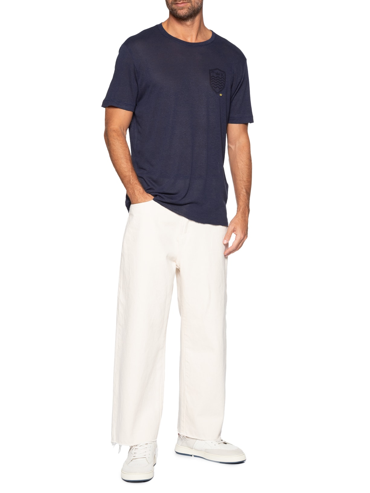 Camiseta Masculina Manga Curta Gola Careca Light Brasão Linen Azul Osklen