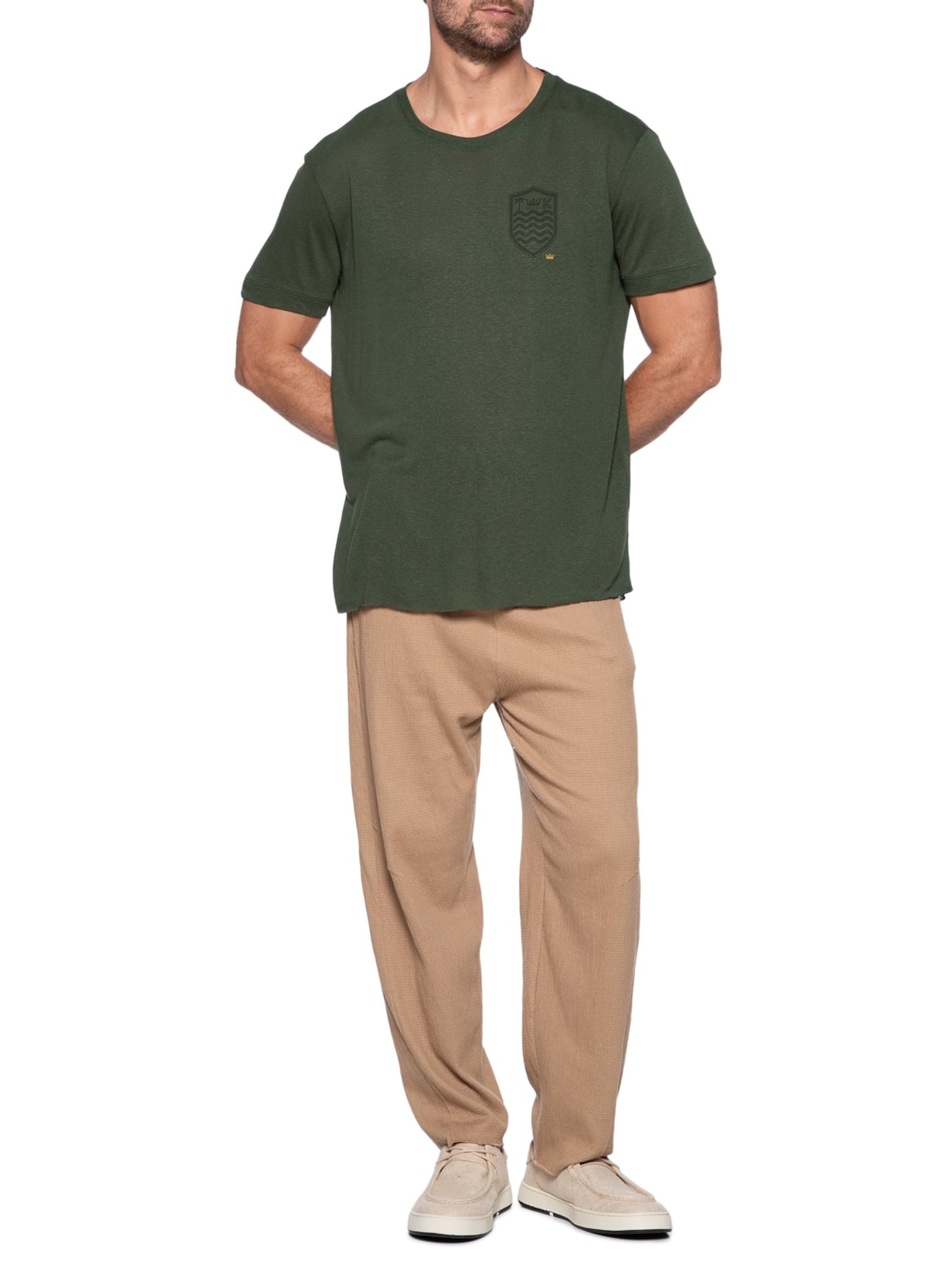 Camiseta Masculina Manga Curta Gola Careca Light Brasão Linen Verde Osklen