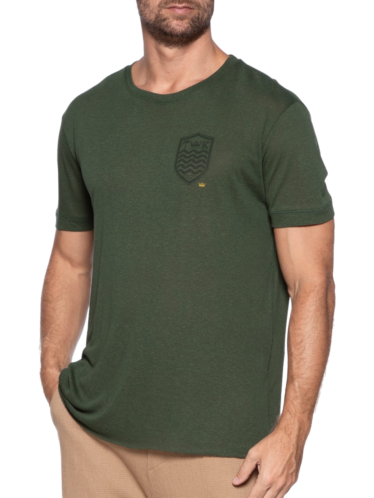 Camiseta Masculina Manga Curta Gola Careca Light Brasão Linen Verde Osklen