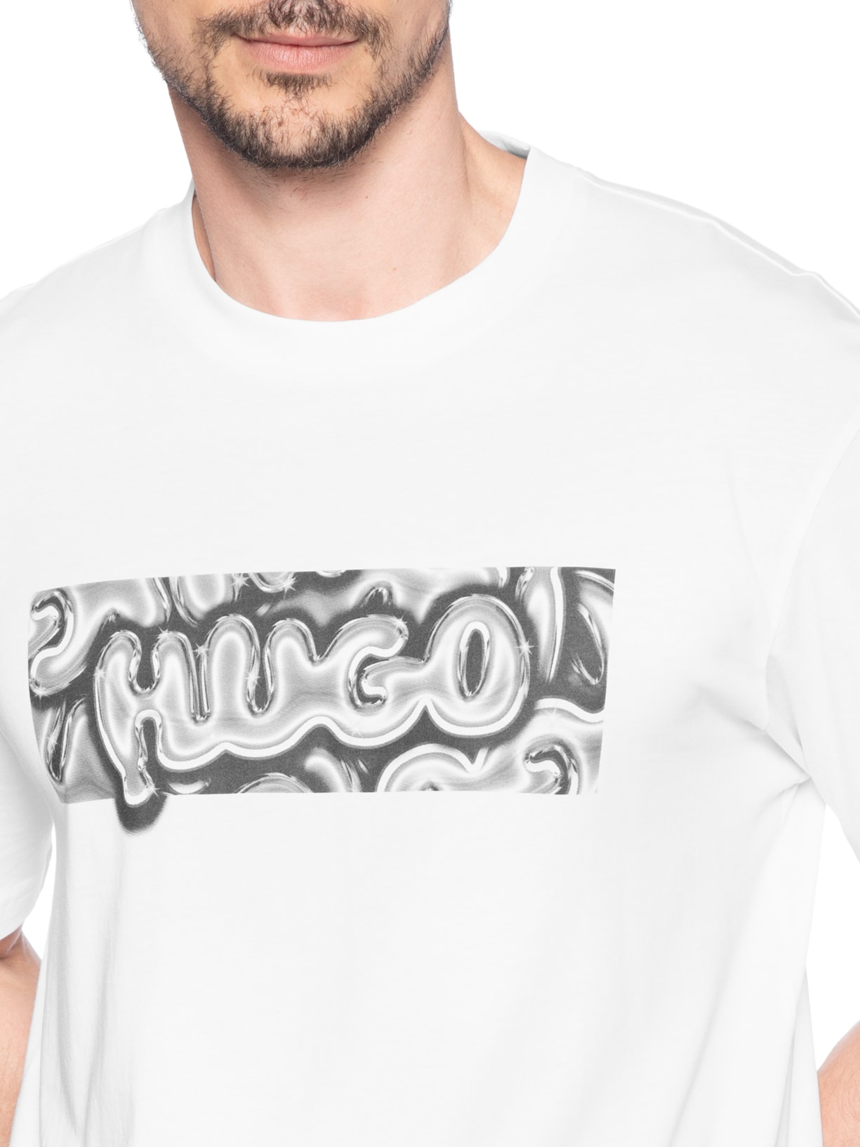 Camiseta Masculina Manga Curta Gola Careca Nedirix Branco Hugo