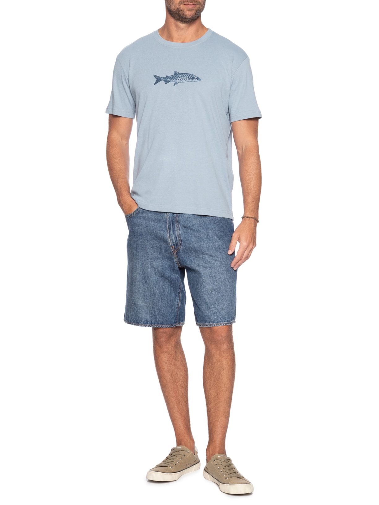 Camiseta Masculina Manga Curta Gola Careca Sardinha Over Azul Osklen