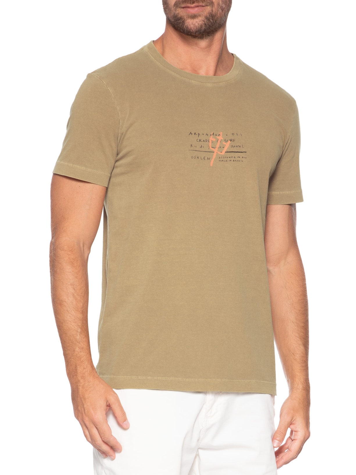 Camiseta Masculina Manga Curta Gola Careca Slim Stone Imperial Bege Osklen