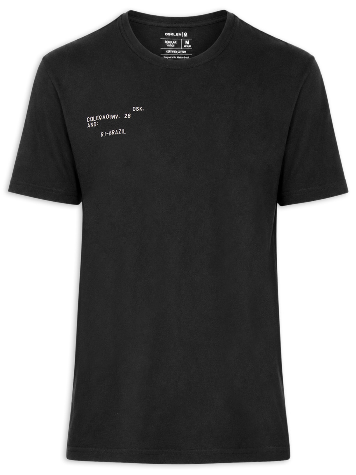 Camiseta Masculina Manga Curta Gola Careca Slim Vintage Carimbo Preto Osklen