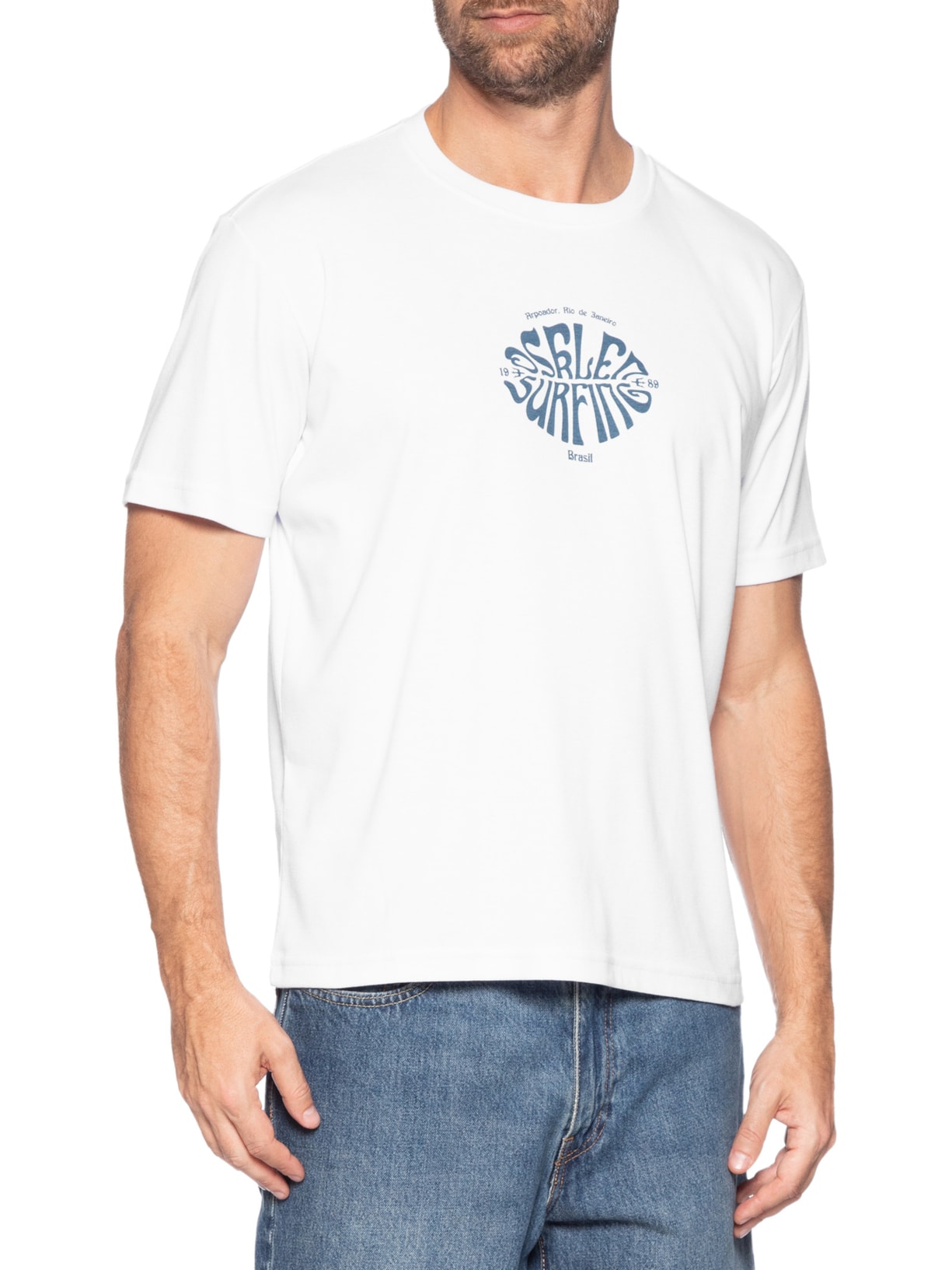 Camiseta Masculina Manga Curta Gola Careca Surfing Over  Branco Osklen