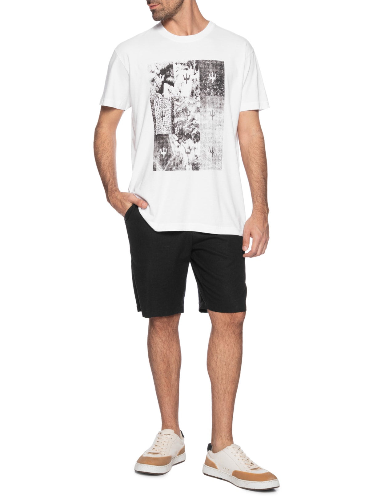Camiseta Masculina Manga Curta Gola Careca Vintage Tridente Areia 02 Branco Osklen