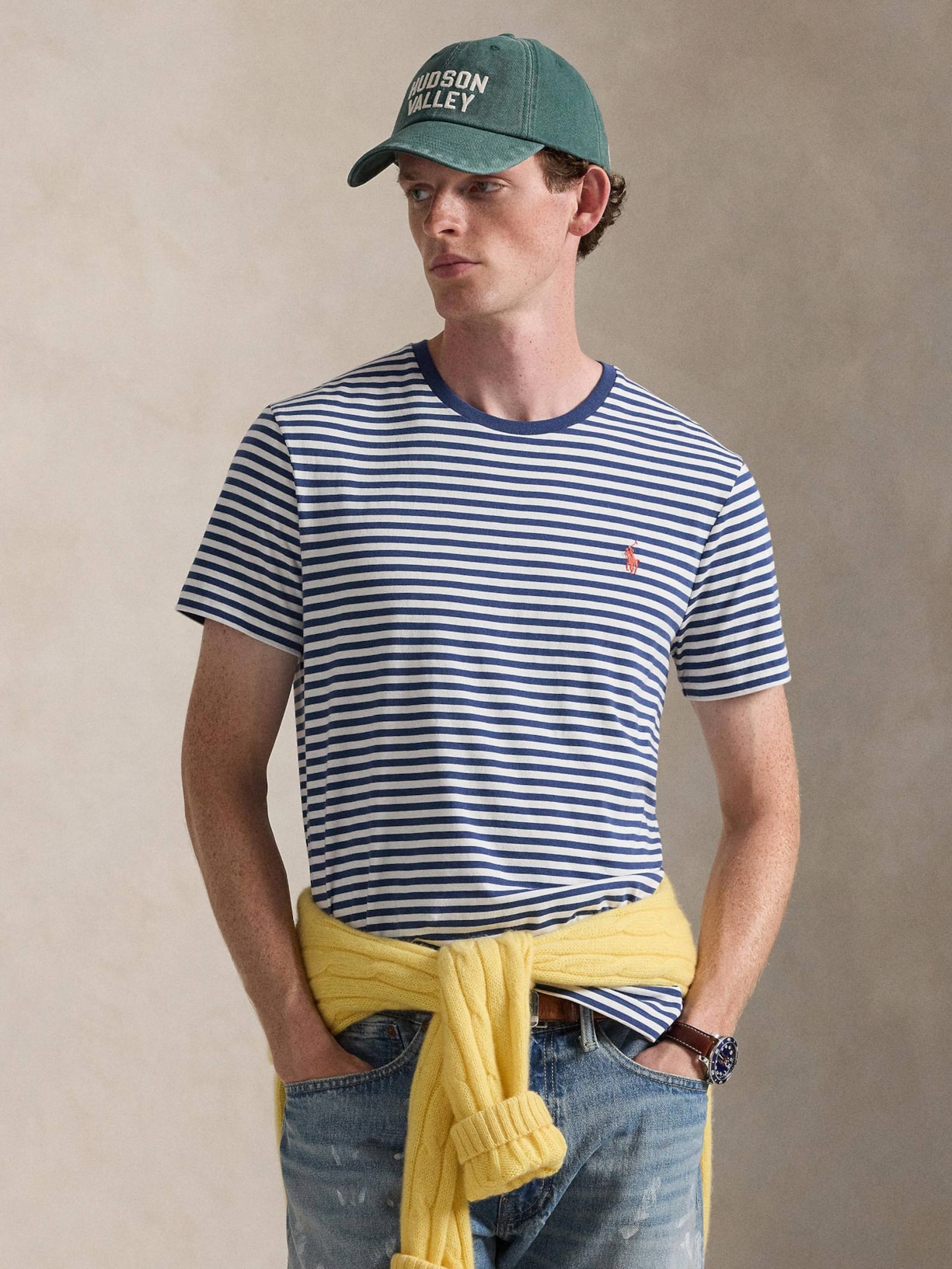 Camiseta Masculina Manga Curta Listras Slim Fit Azul Polo Ralph Lauren