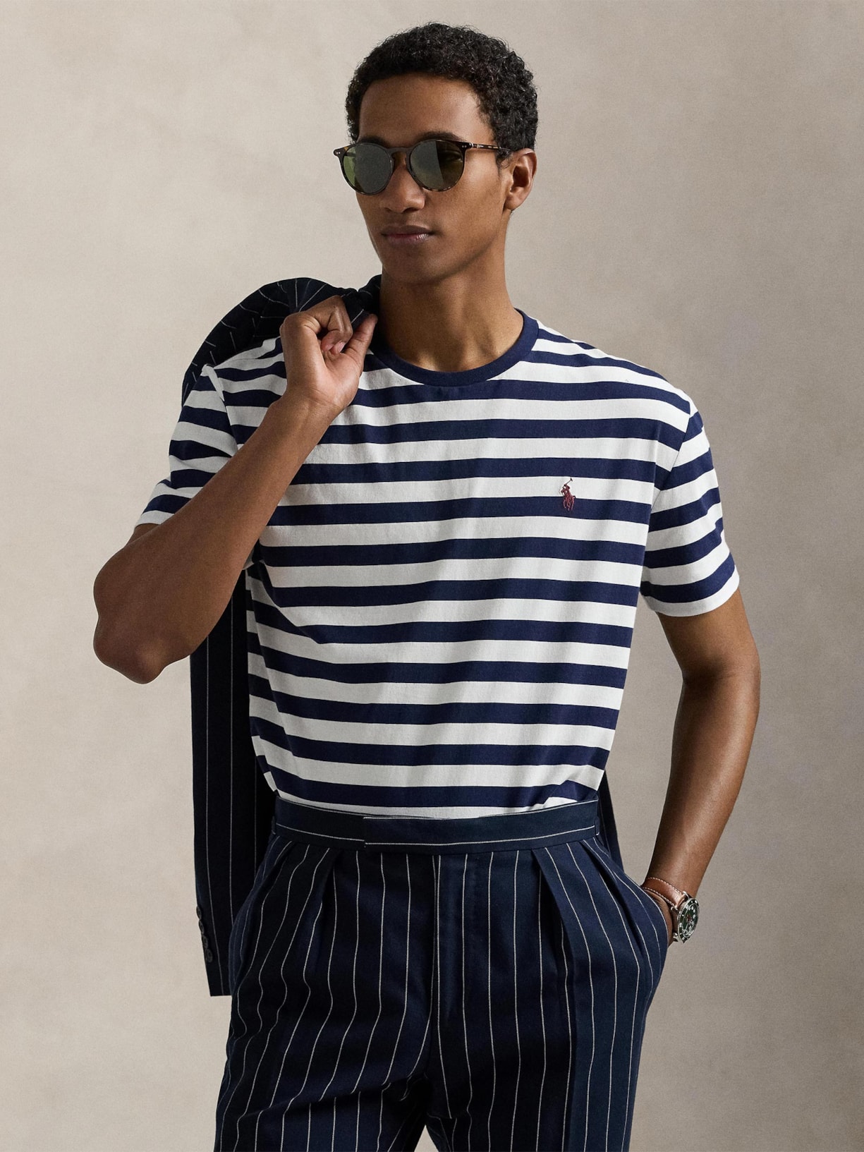 Camiseta Masculina Manga Curta Listras Slim Fit Azul Polo Ralph Lauren