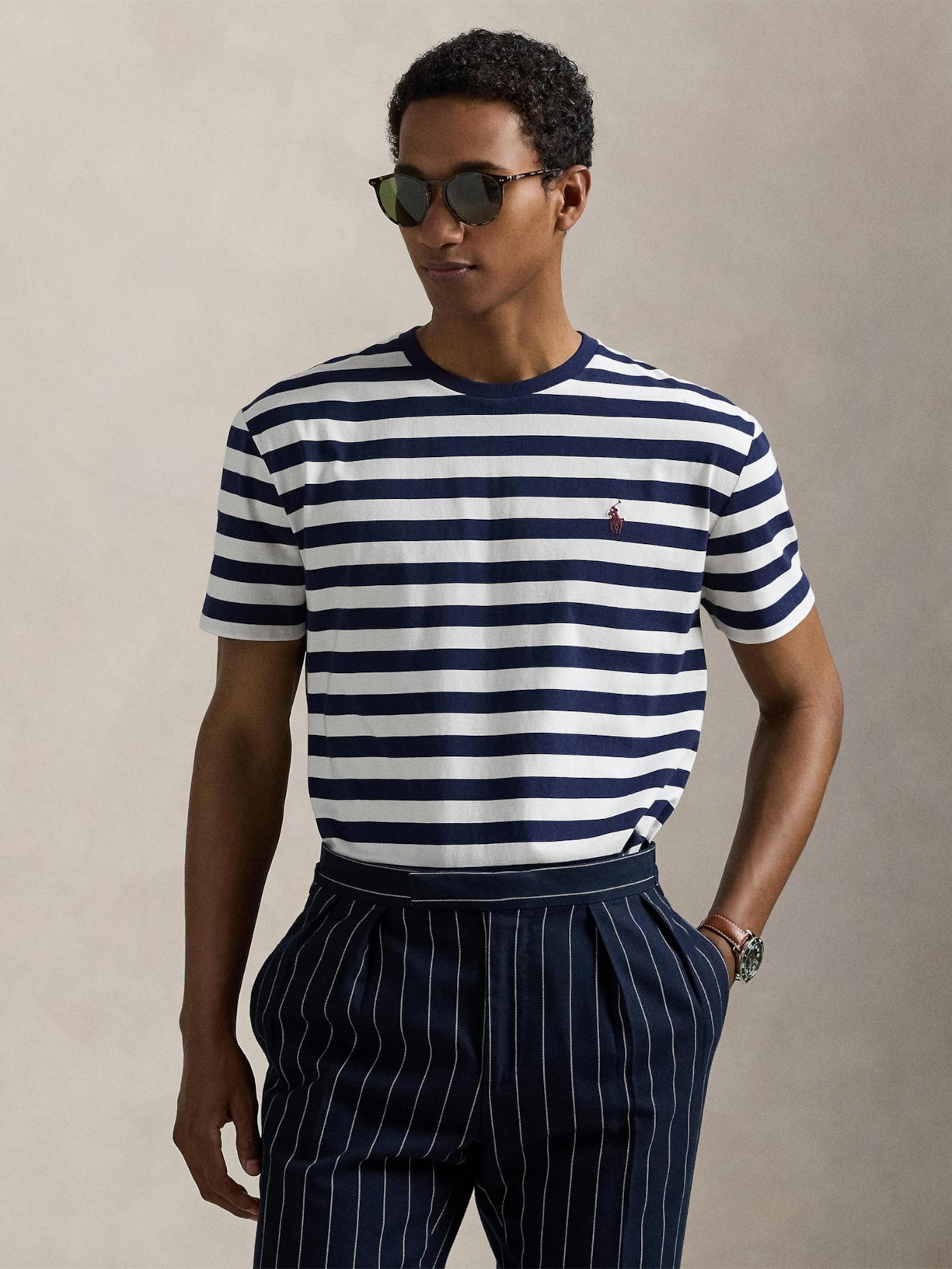 Camiseta Masculina Manga Curta Listras Slim Fit Azul Polo Ralph Lauren