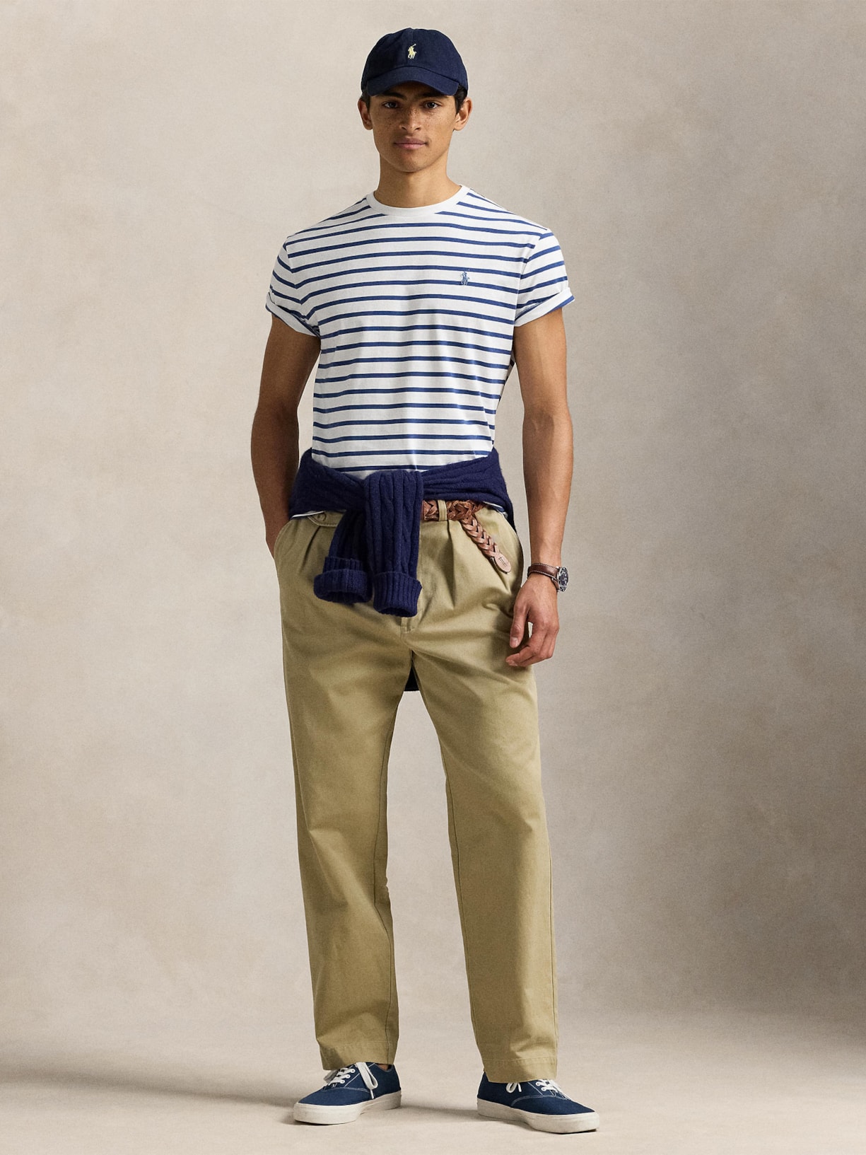 Camiseta Masculina Manga Curta Listras Slim Fit Branco Polo Ralph Lauren