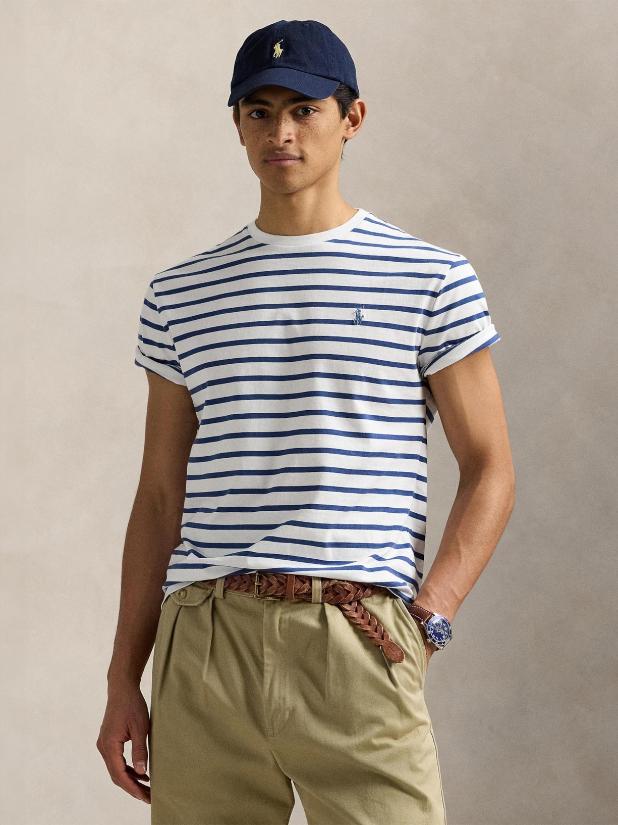 Camiseta Masculina Manga Curta Listras Slim Fit Branco Polo Ralph Lauren