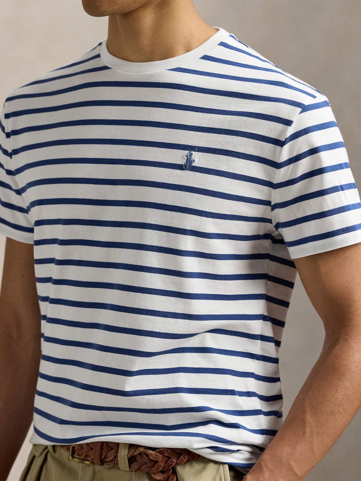 Camiseta Masculina Manga Curta Listras Slim Fit Branco Polo Ralph Lauren