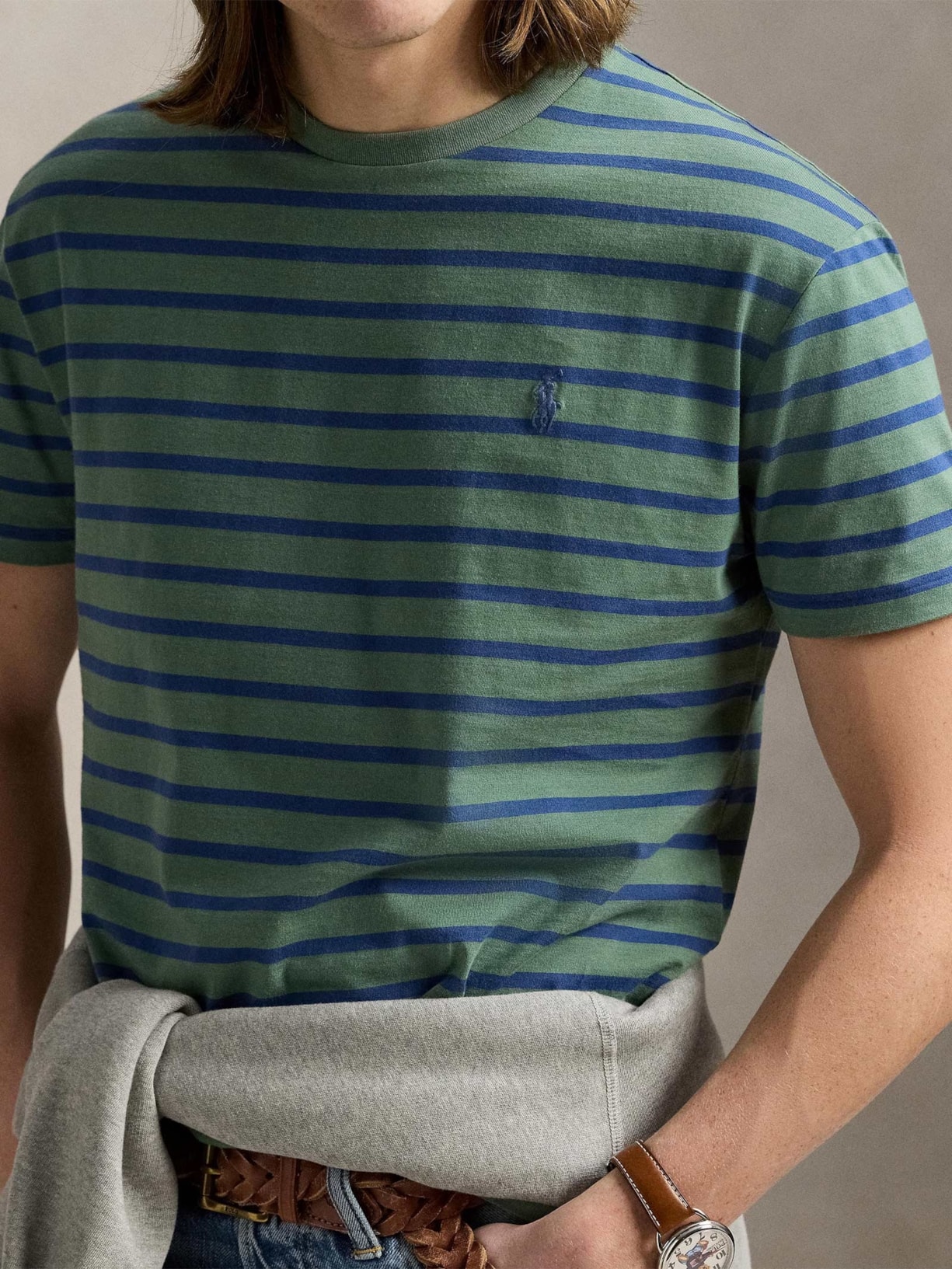 Camiseta Masculina Manga Curta Listras Slim Fit Verde Polo Ralph Lauren
