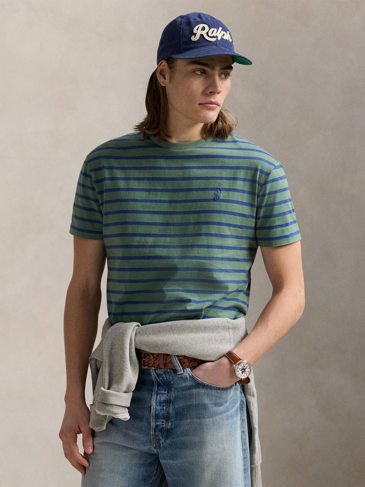 Camiseta Masculina Manga Curta Listras Slim Fit Verde Polo Ralph Lauren
