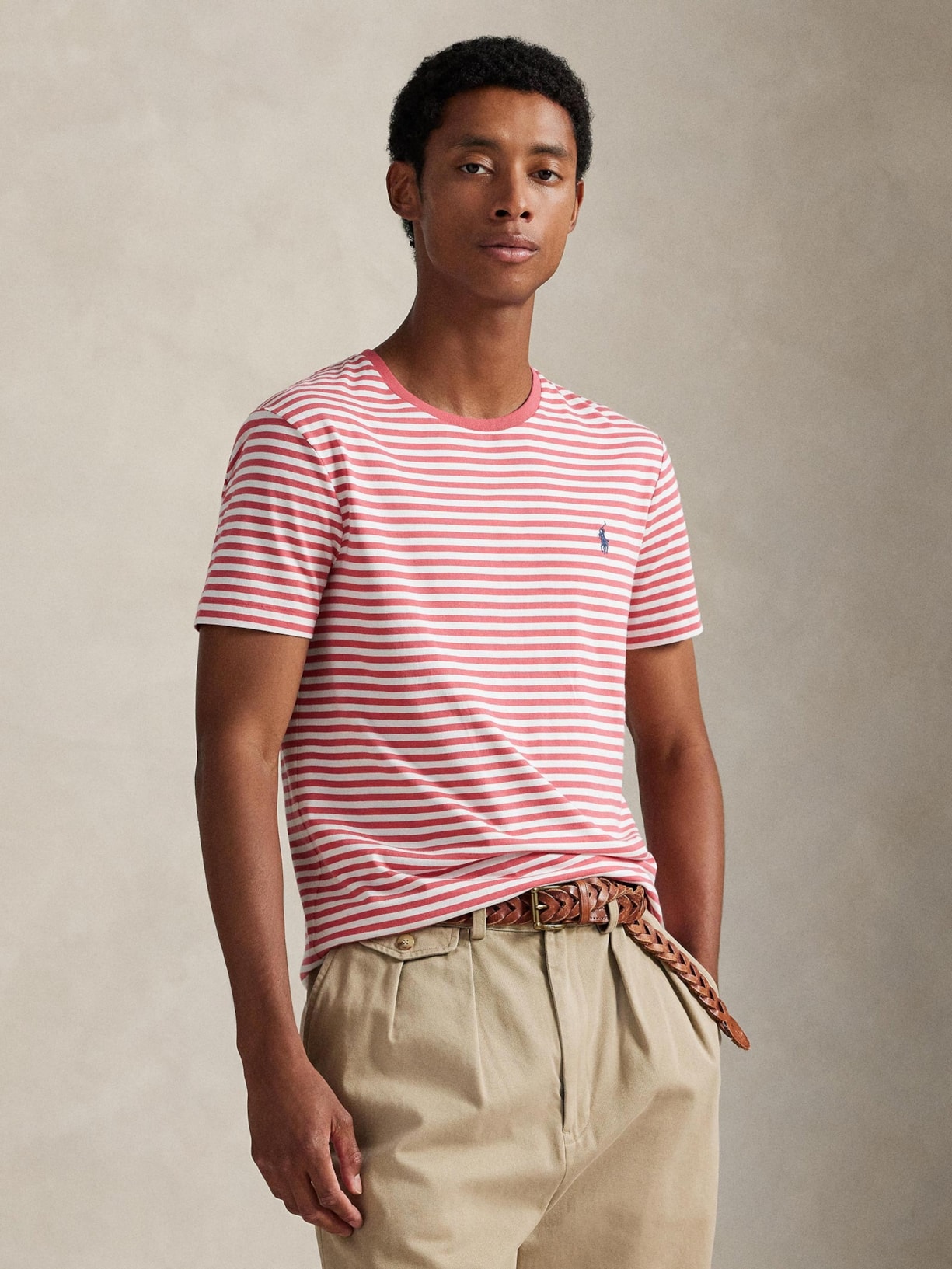 Camiseta Masculina Manga Curta Listras Slim Fit Vermelho Polo Ralph Lauren