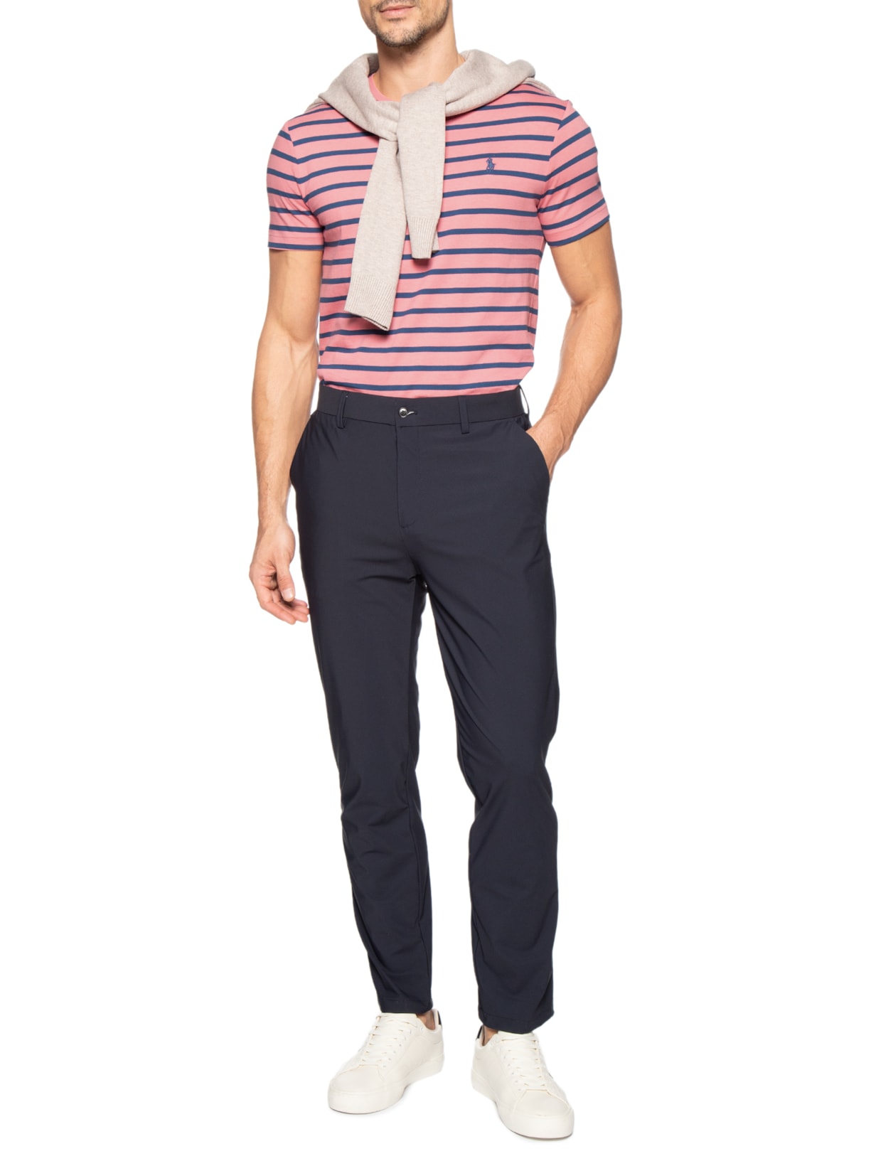 Camiseta Masculina Manga Curta Listras Slim Fit – Rosa Polo Ralph Lauren