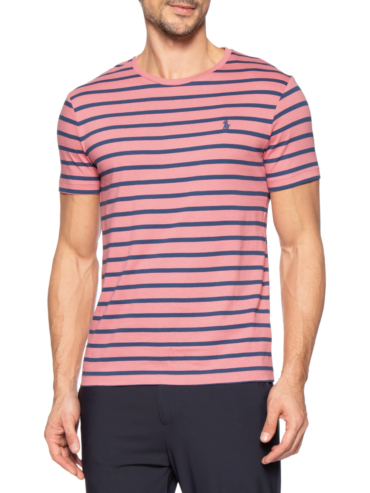 Camiseta Masculina Manga Curta Listras Slim Fit – Rosa Polo Ralph Lauren