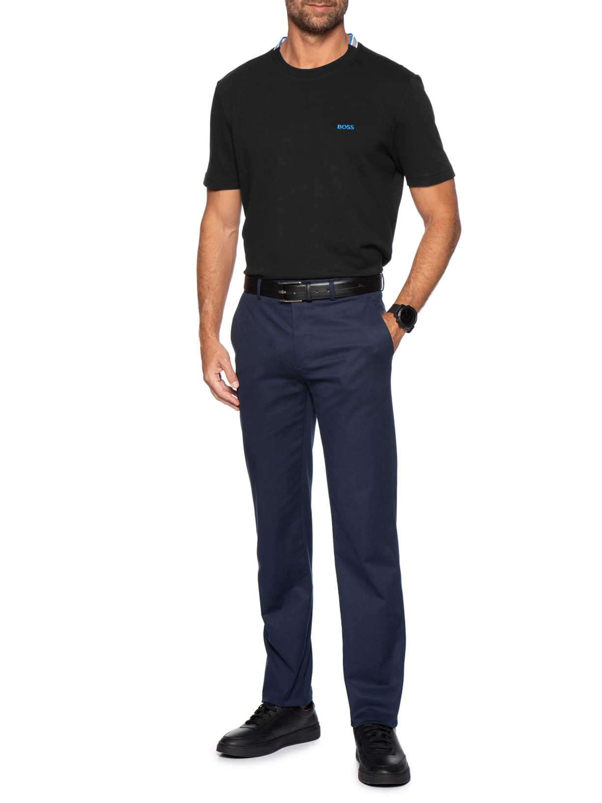 Camiseta Masculina Manga Curta Logo Bordado Preto Boss