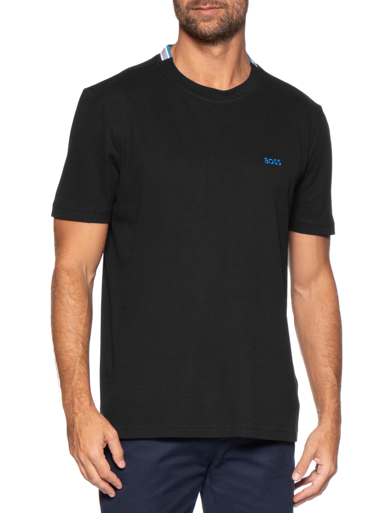 Camiseta Masculina Manga Curta Logo Bordado Preto Boss