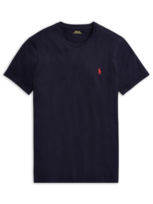 Camiseta Masculina Manga Curta Slim Fit Logo Bordado - Azul
