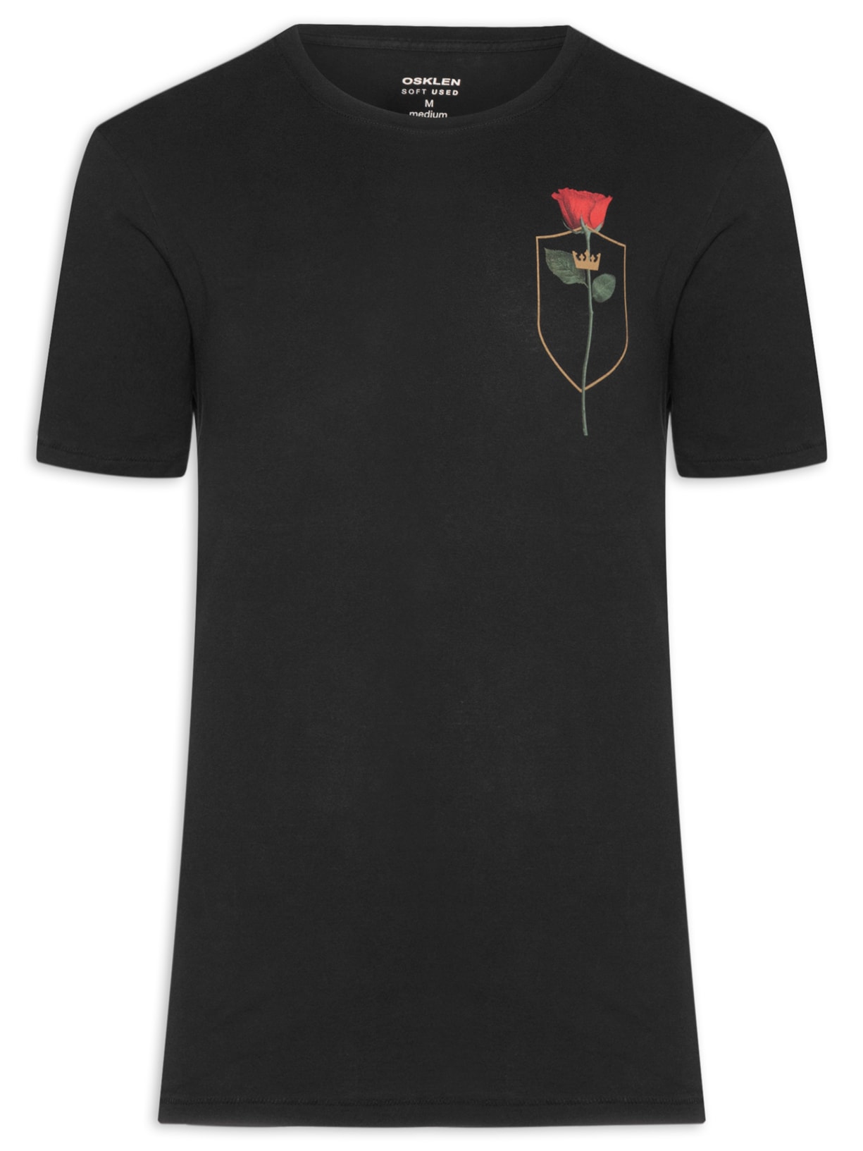 Camiseta Masculina Manga Curta Soft Used Brasão Rosa - Preto