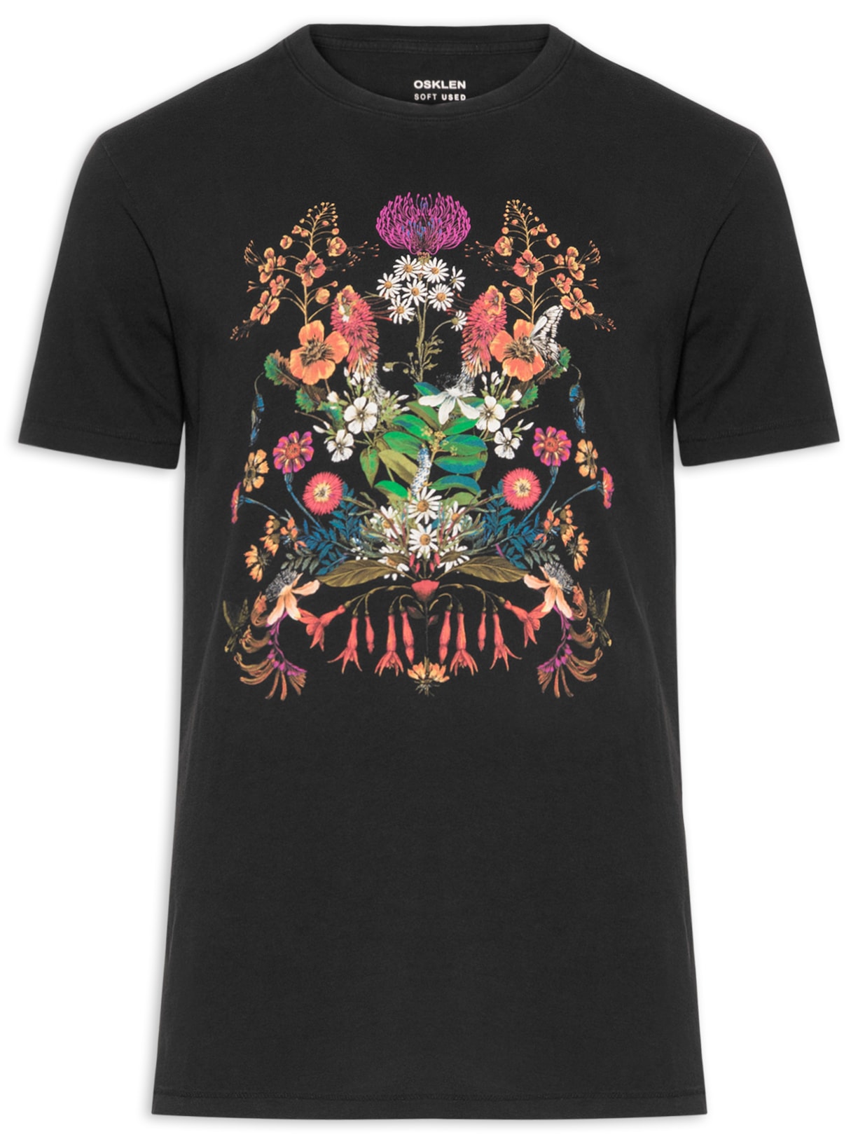 Camiseta Masculina Manga Curta Soft Used Floral Ciclo - Preto