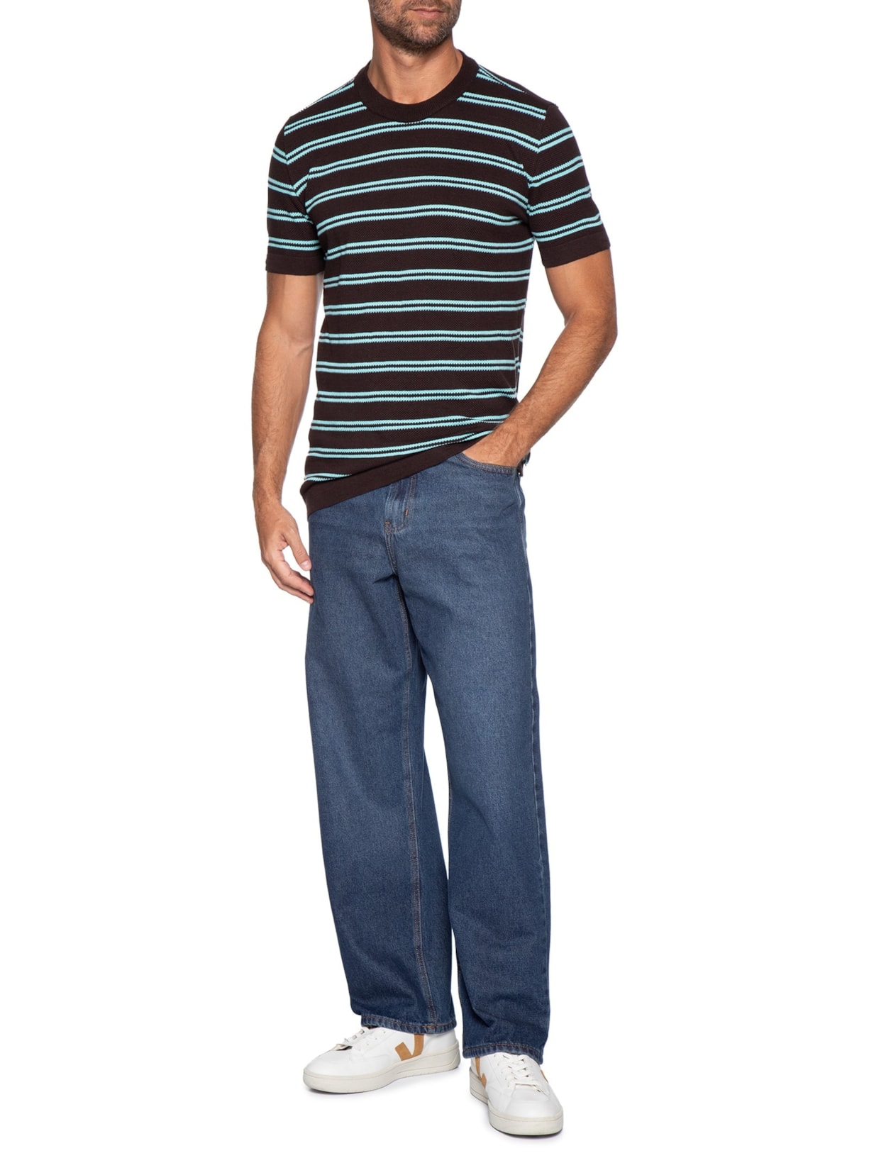 Camiseta Masculina Manga Curta Tricot Listra Urca Marrom Foxton