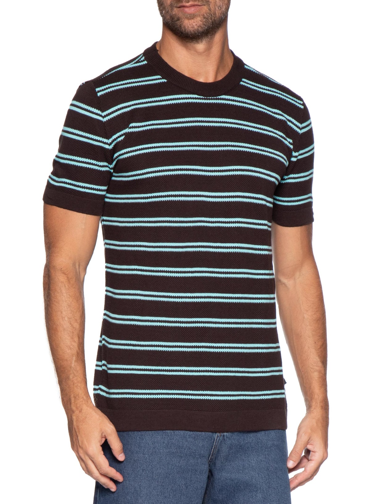 Camiseta Masculina Manga Curta Tricot Listra Urca Marrom Foxton