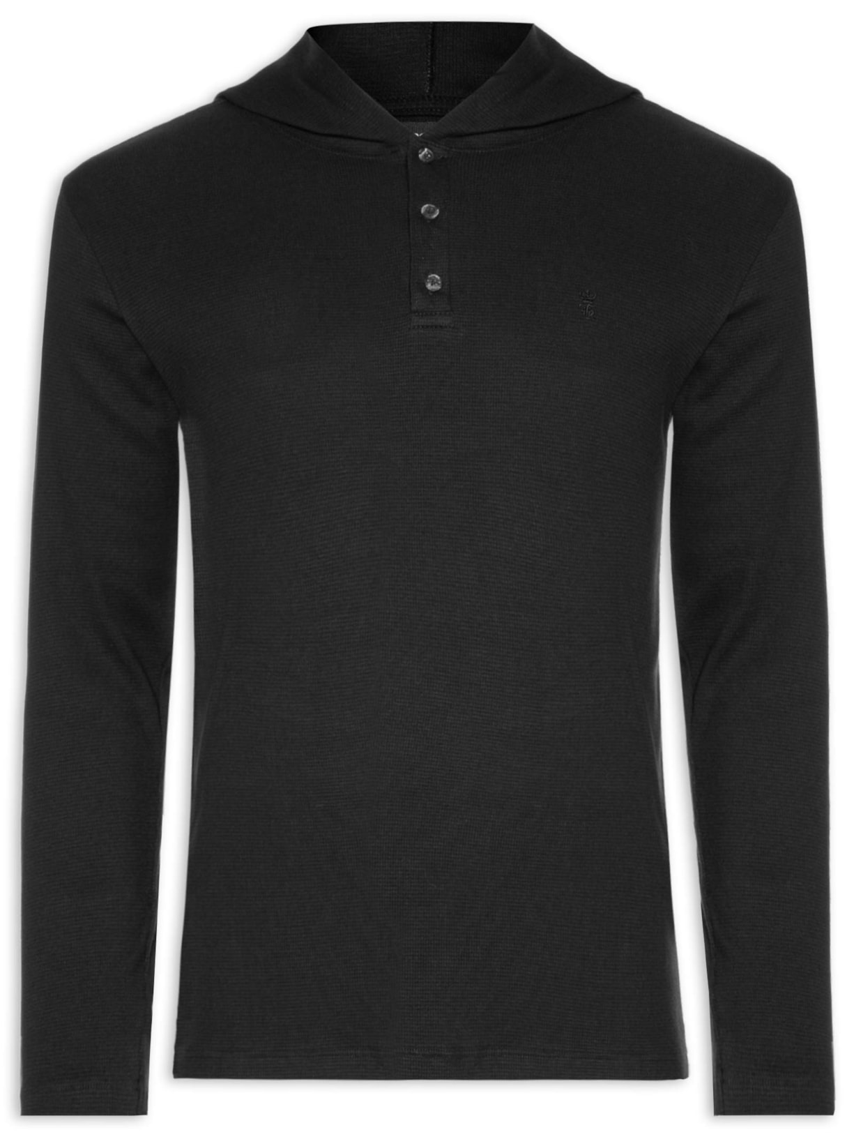 Camiseta Masculina Manga Longa Henley Capuz - Preto