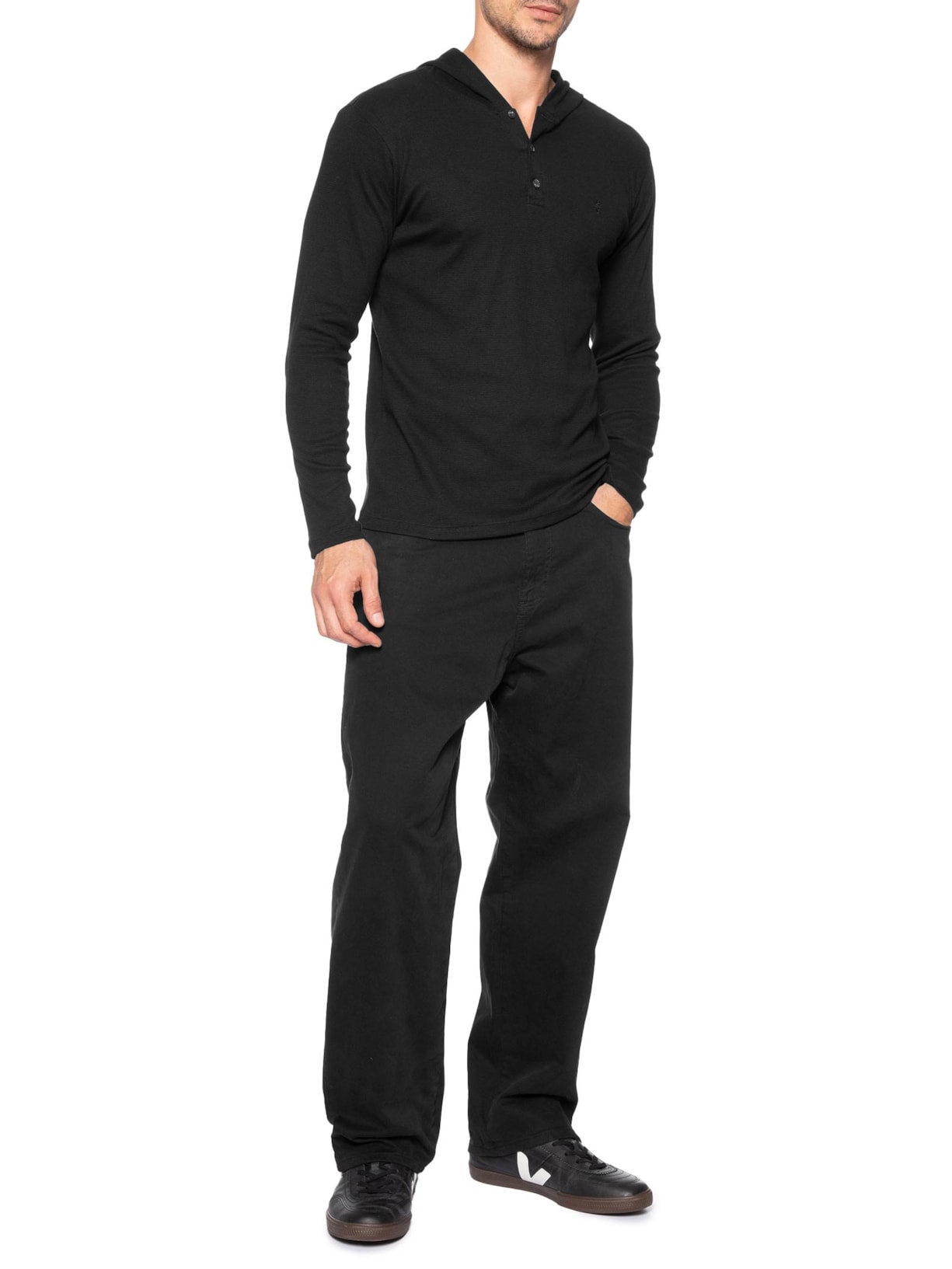 Camiseta Masculina Manga Longa Henley Capuz Preto Sergio K