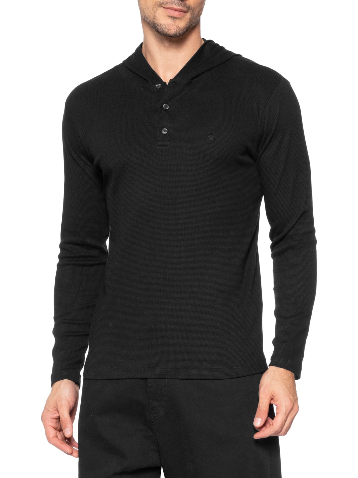 Camiseta Masculina Manga Longa Henley Capuz Preto Sergio K