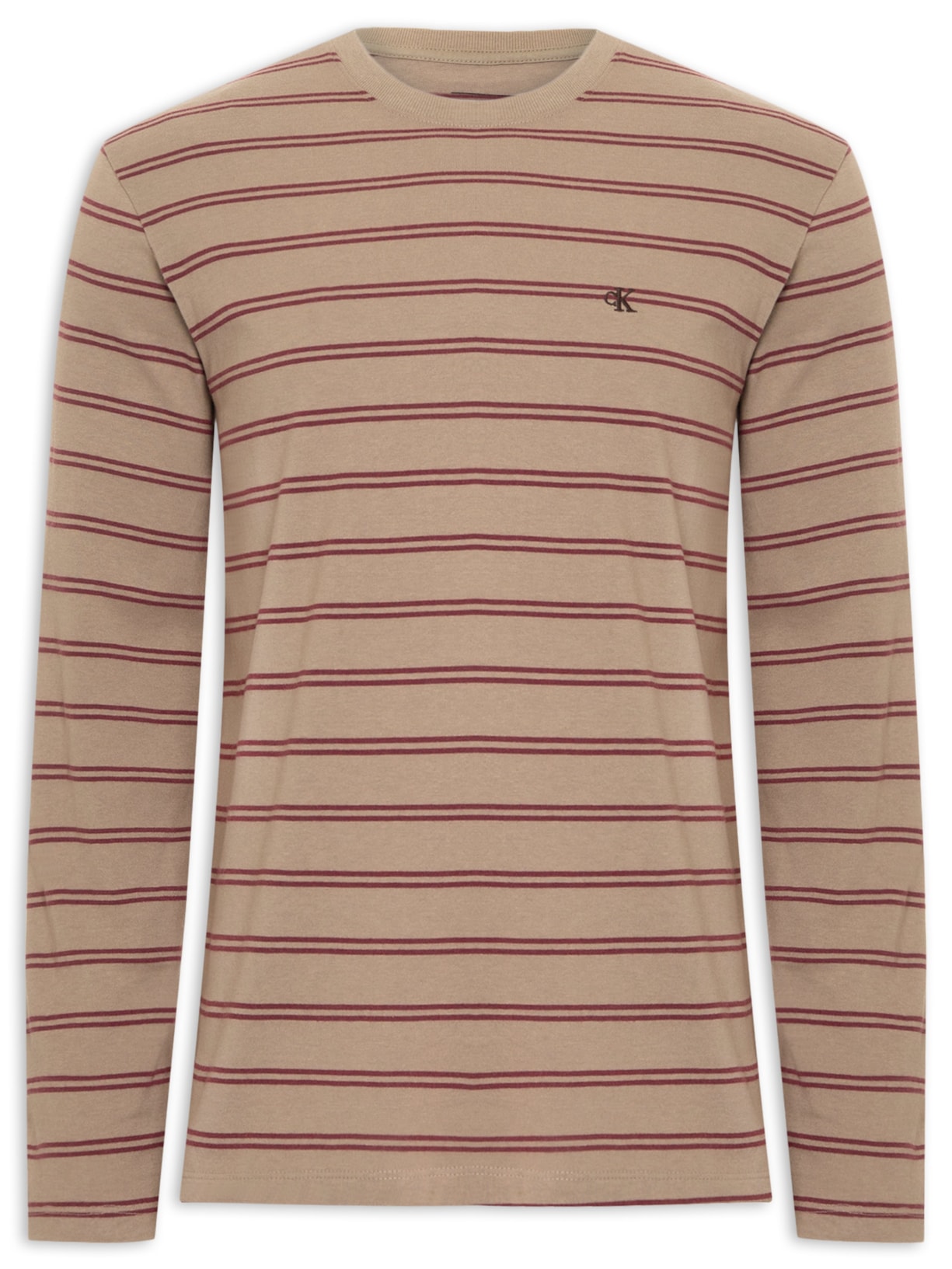 Camiseta Masculina Manga Longa Malhão Listrado Bege Calvin Klein Jeans