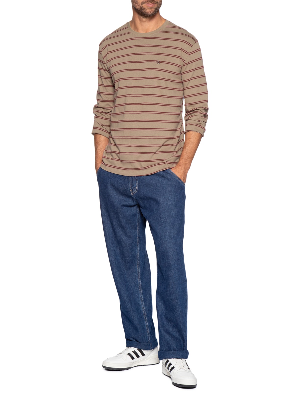 Camiseta Masculina Manga Longa Malhão Listrado Bege Calvin Klein Jeans