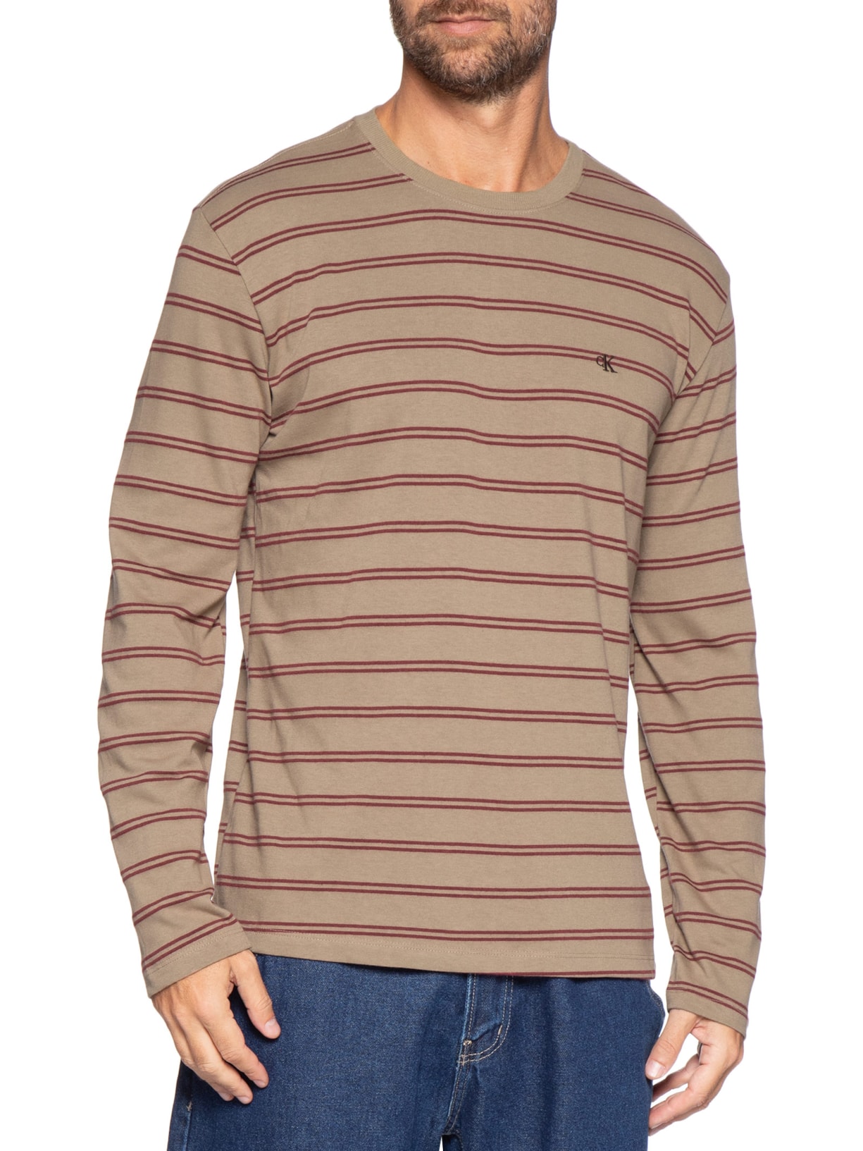 Camiseta Masculina Manga Longa Malhão Listrado Bege Calvin Klein Jeans