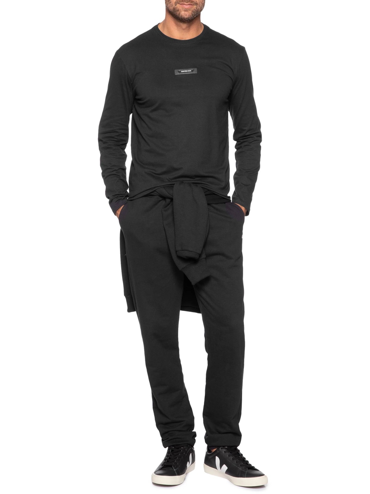 Camiseta Masculina ML Logo Leather Preto Calvin Klein Jeans