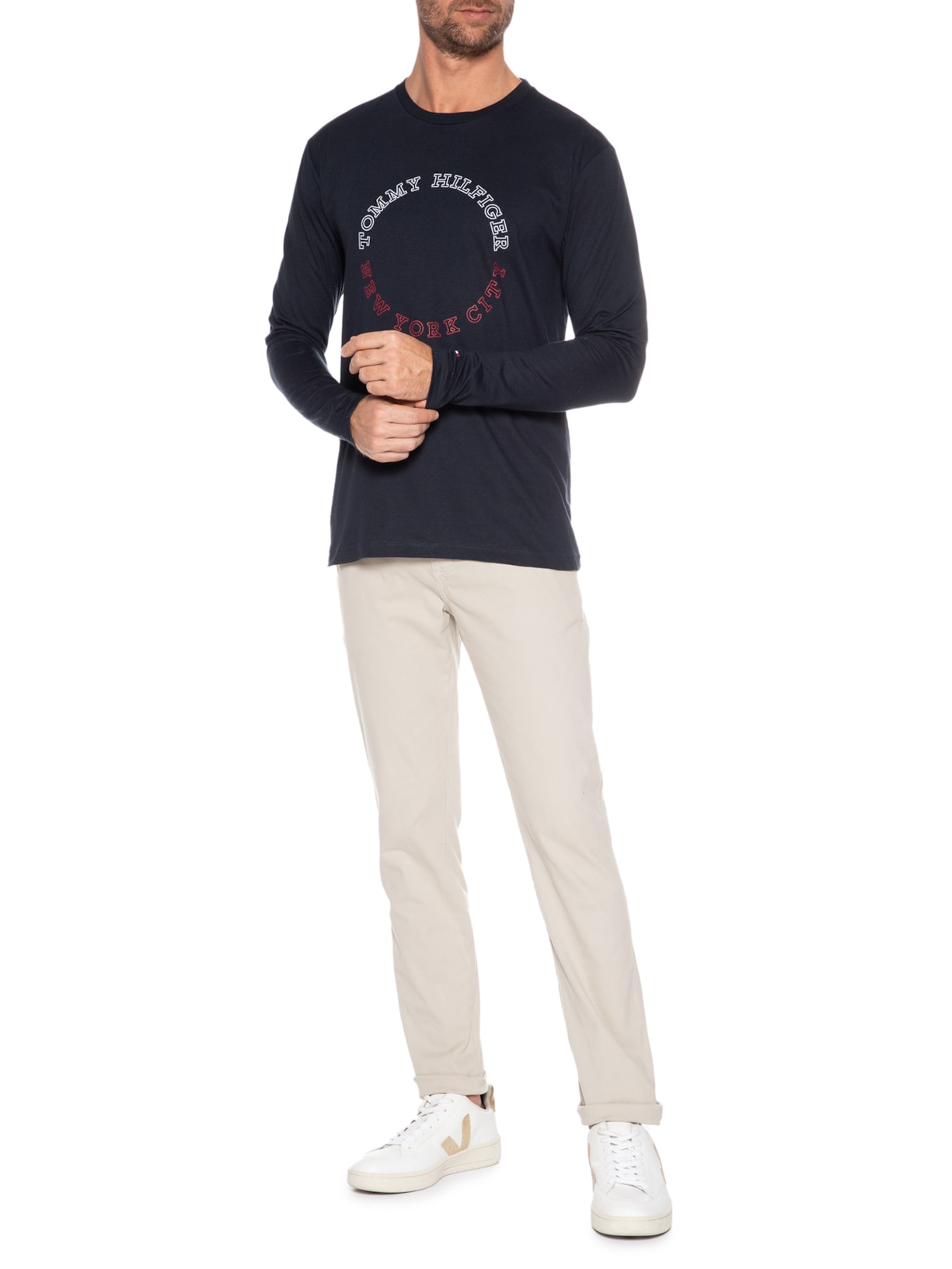 Camiseta Masculina Monotype Roundle Manga Longa Azul Tommy Hilfiger