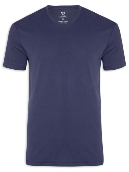 Camiseta Masculina Pima Manga Curta Gola V Regular Fit - Azul