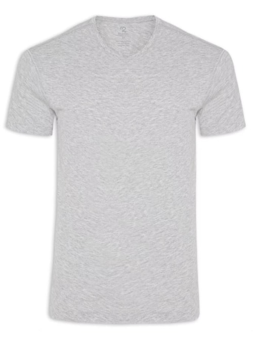Camiseta Masculina Pima Manga Curta Gola V Regular Fit - Cinza