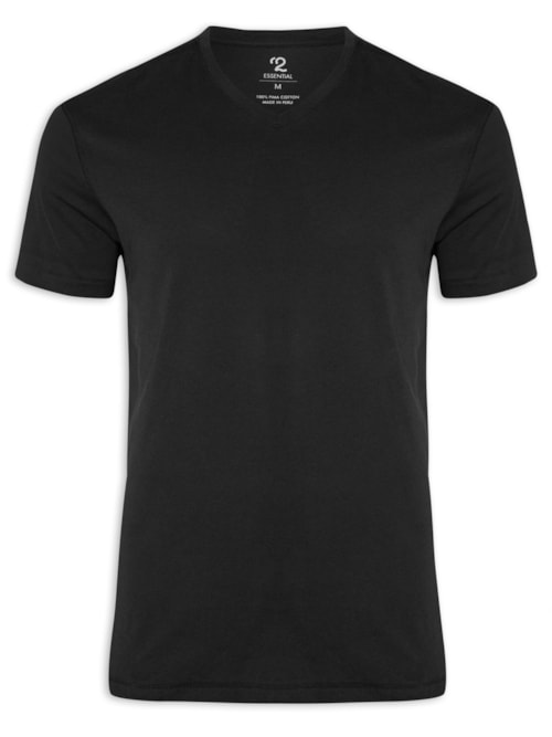 Camiseta Masculina Pima Manga Curta Gola V Regular Fit - Preto