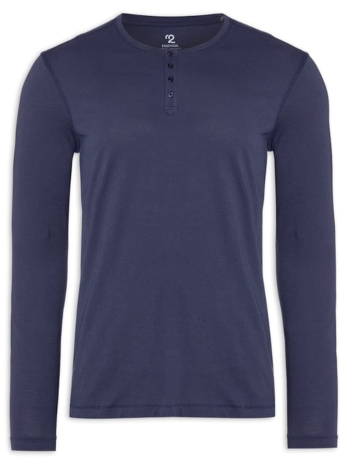 Camiseta Masculina Pima Manga Longa Com Botões Regular Fit - Azul