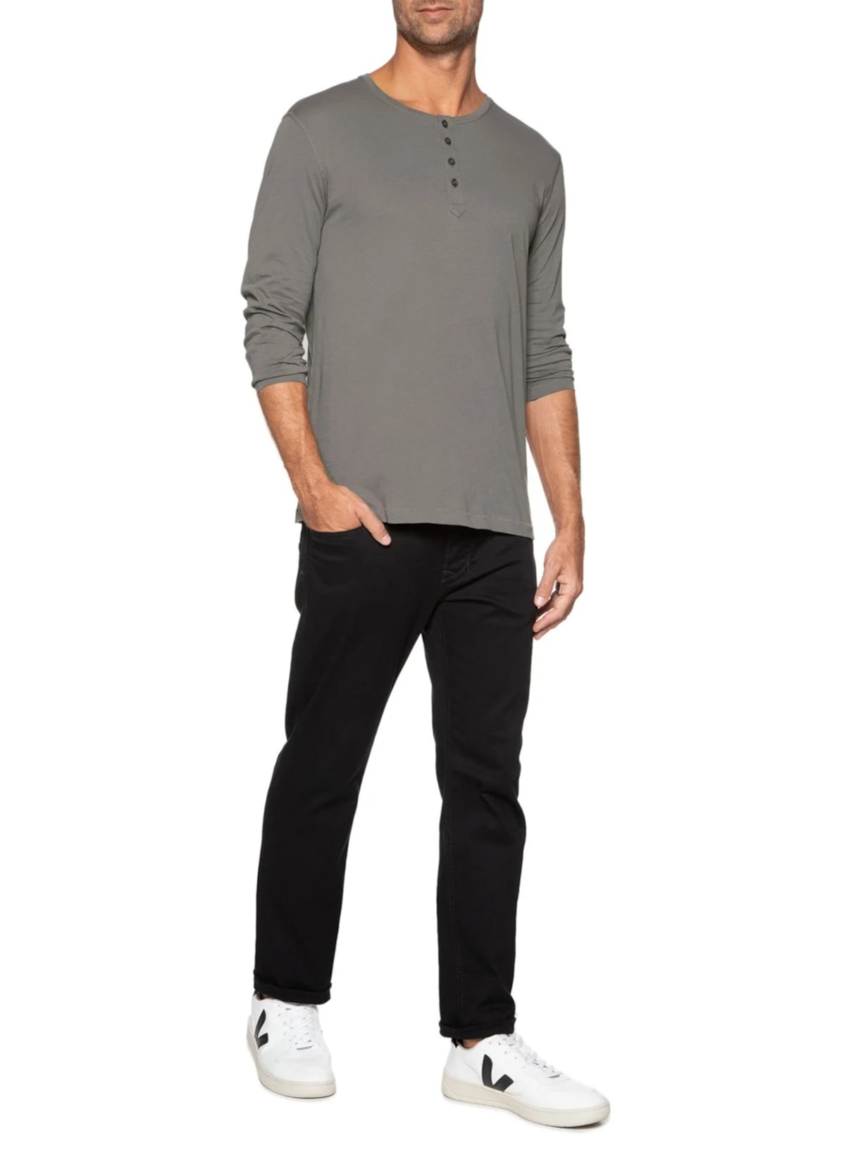 Camiseta Masculina Pima Manga Longa Com Botões Regular Fit Cinza '2 Essential