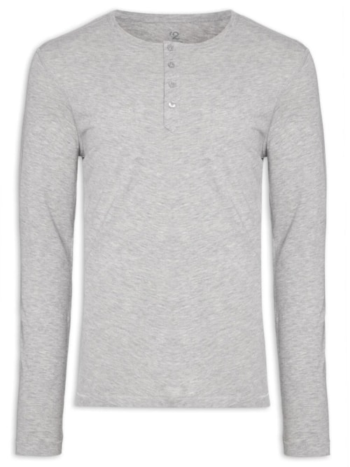 Camiseta Masculina Pima Manga Longa Com Botões Regular Fit - Cinza