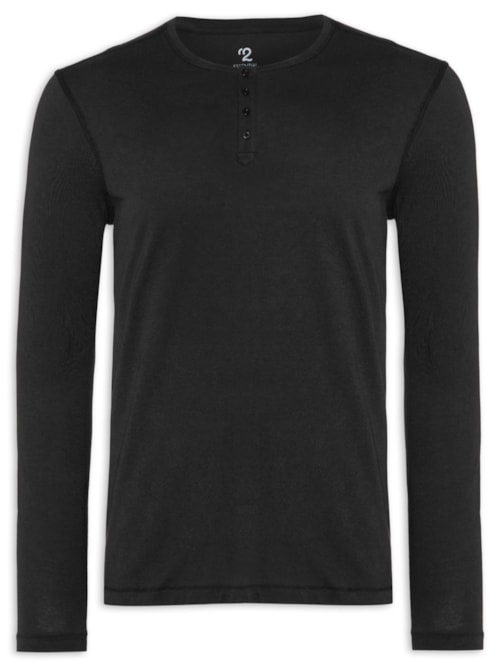 Camiseta Masculina Pima Manga Longa Com Botões Regular Fit - Preto