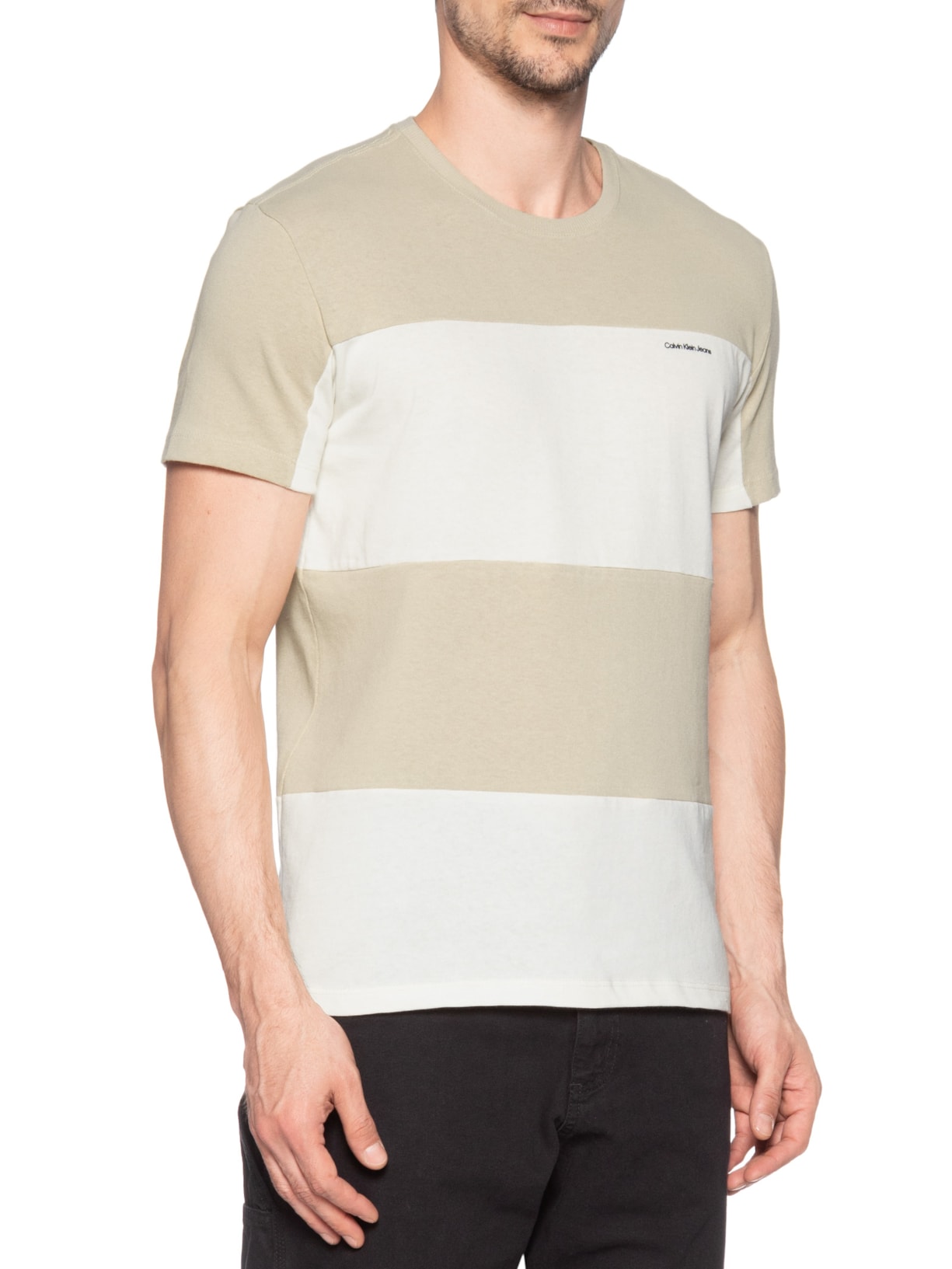 Camiseta Masculina Recorte Listras Bege Calvin Klein Jeans