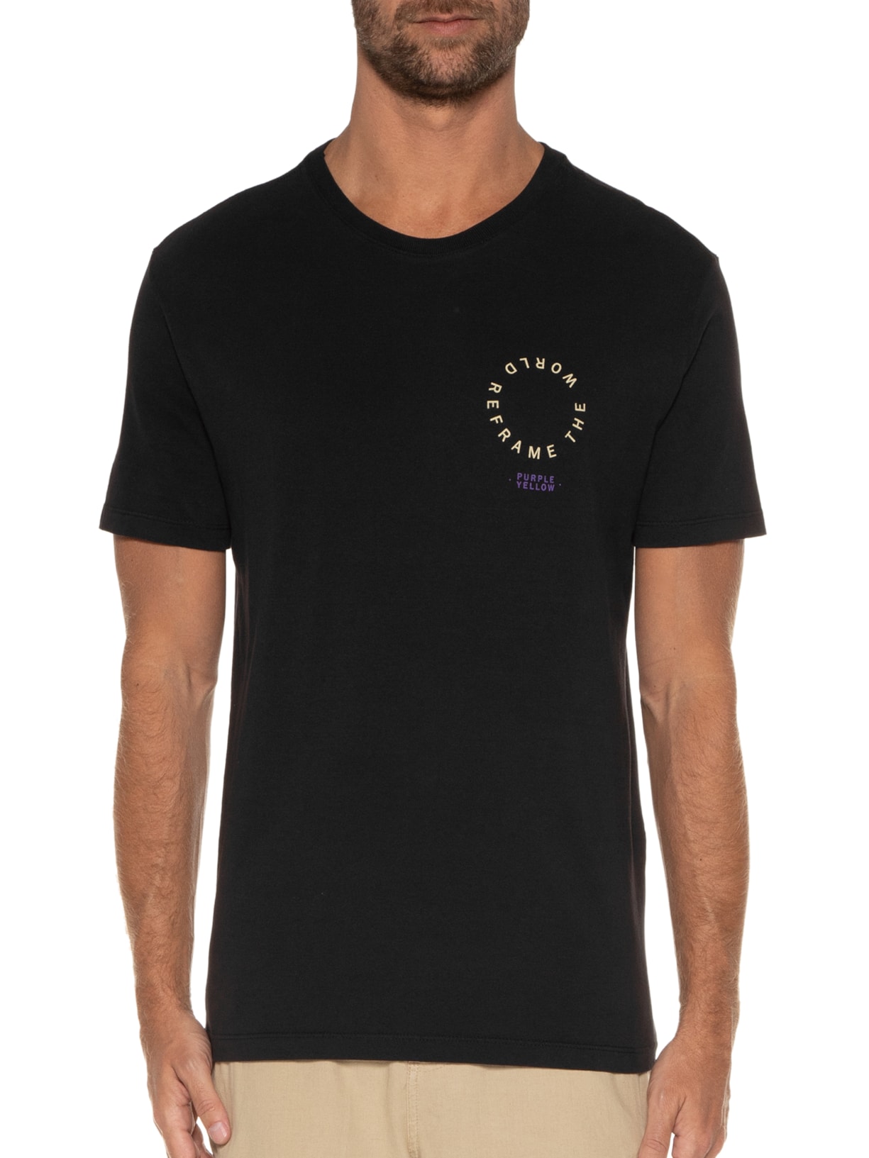 Camiseta Masculina Reframe The World Preto Purple Yellow