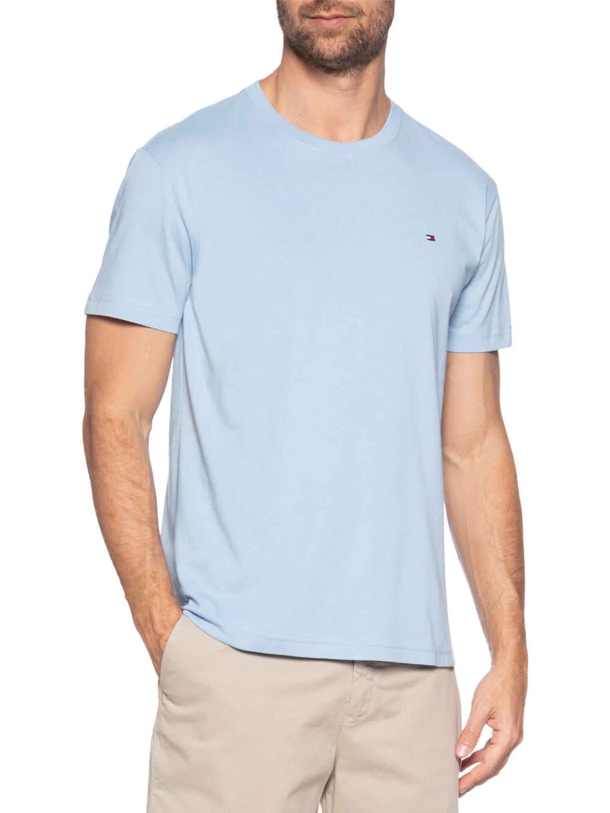Camiseta Masculina Regular Fit Básica Em Algodão Azul Tommy Hilfiger