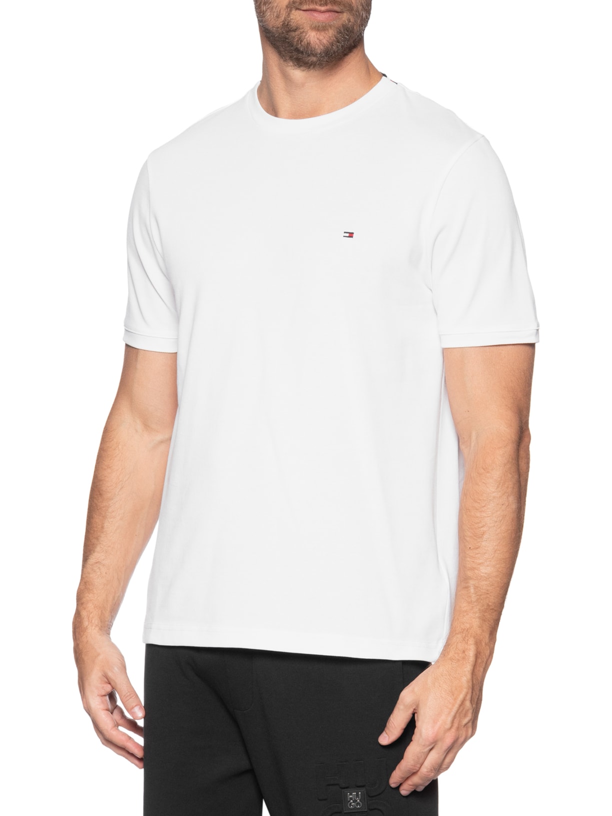 Camiseta Masculina Regular Fit Básica Em Piquet Branco Tommy Hilfiger